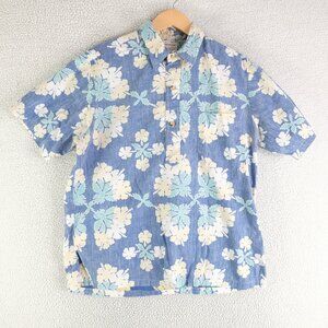 Kahala Hawaiian Shirt Mens Large Blue Floral Reverse Print Popover Camp Vintage